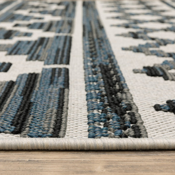 HomeRoots 5' Blue and Beige Geometric Indoor/Outdoor Area Rug – Stain and Water Resistant for Easy Care 6'7" x 9'2" 507467