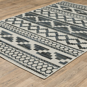 HomeRoots 5' Blue and Beige Geometric Indoor/Outdoor Area Rug – Stain and Water Resistant for Easy Care 6'7" x 9'2" 507467