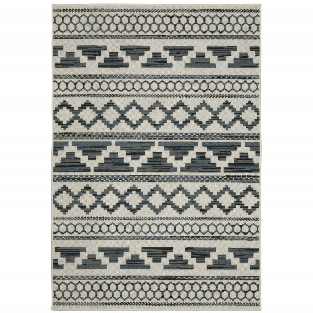 HomeRoots 5' Blue and Beige Geometric Indoor/Outdoor Area Rug – Stain and Water Resistant for Easy Care 7'10" x 10' 507468