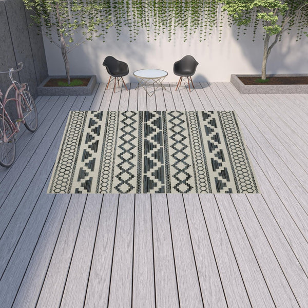 HomeRoots 5' Blue and Beige Geometric Indoor/Outdoor Area Rug – Stain and Water Resistant for Easy Care 9'10" x 12'10" 507469