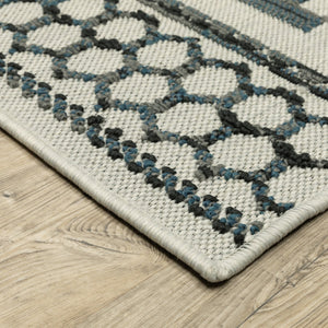 HomeRoots 5' Blue and Beige Geometric Indoor/Outdoor Area Rug – Stain and Water Resistant for Easy Care 9'10" x 12'10" 507469