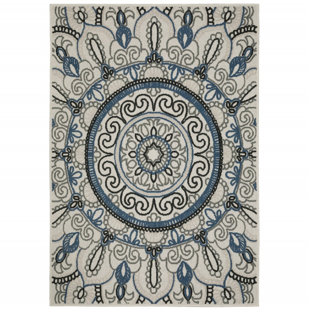 HomeRoots 5' Stylish Blue and Beige Geometric Area Rug - Stain Resistant, Versatile for Indoor/Outdoor Use 5'3" x 7'3" 507472