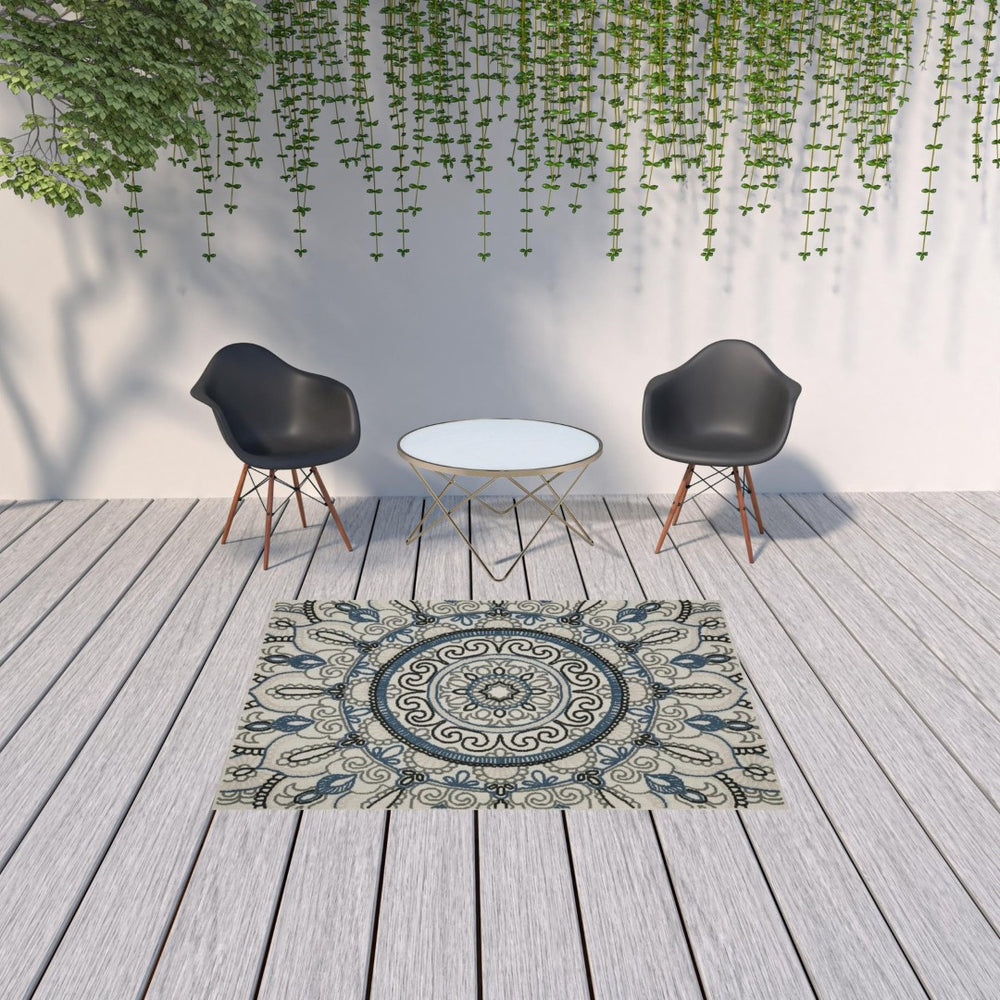 HomeRoots 5' Stylish Blue and Beige Geometric Area Rug - Stain Resistant, Versatile for Indoor/Outdoor Use 5'3" x 7'3" 507472