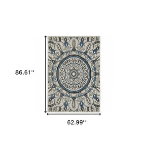 HomeRoots 5' Stylish Blue and Beige Geometric Area Rug - Stain Resistant, Versatile for Indoor/Outdoor Use 5'3" x 7'3" 507472
