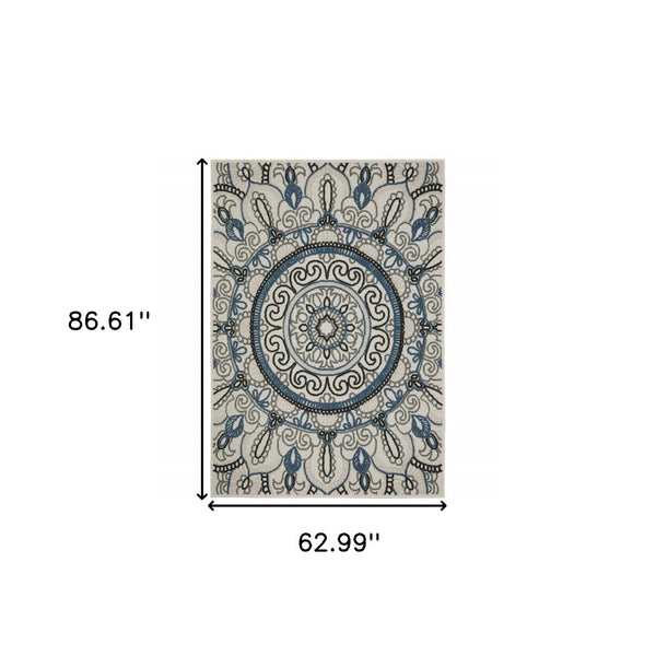 HomeRoots 5' Stylish Blue and Beige Geometric Area Rug - Stain Resistant, Versatile for Indoor/Outdoor Use 5'3" x 7'3" 507472