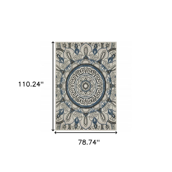 HomeRoots 5' Stylish Blue and Beige Geometric Area Rug - Stain Resistant, Versatile for Indoor/Outdoor Use 6'7" x 9'2" 507473