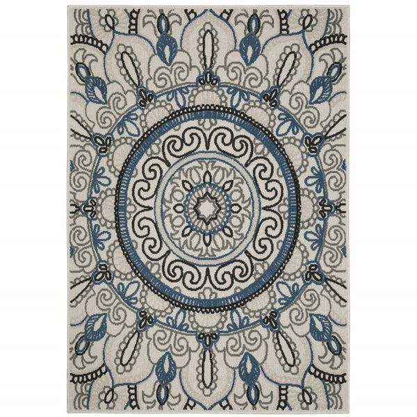 HomeRoots 5' Stylish Blue and Beige Geometric Area Rug - Stain Resistant, Versatile for Indoor/Outdoor Use 7'10" x 10' 507474