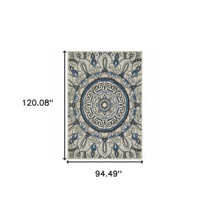 HomeRoots 5' Stylish Blue and Beige Geometric Area Rug - Stain Resistant, Versatile for Indoor/Outdoor Use 7'10" x 10' 507474