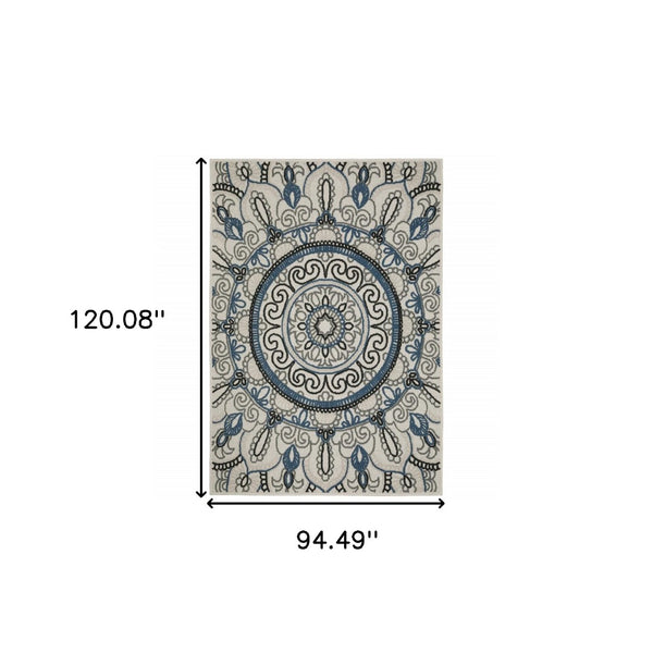HomeRoots 5' Stylish Blue and Beige Geometric Area Rug - Stain Resistant, Versatile for Indoor/Outdoor Use 7'10" x 10' 507474