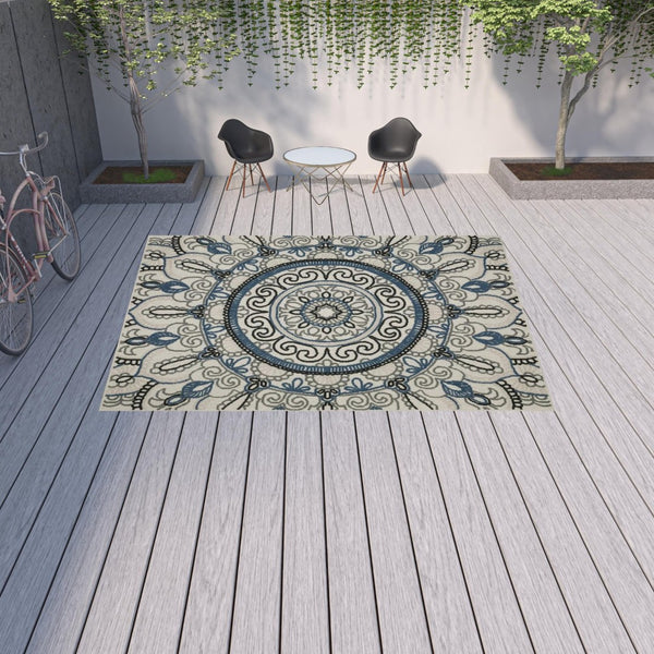 HomeRoots 5' Stylish Blue and Beige Geometric Area Rug - Stain Resistant, Versatile for Indoor/Outdoor Use 9'10" x 12'10" 507475