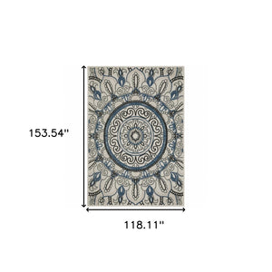 HomeRoots 5' Stylish Blue and Beige Geometric Area Rug - Stain Resistant, Versatile for Indoor/Outdoor Use 9'10" x 12'10" 507475