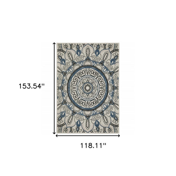 HomeRoots 5' Stylish Blue and Beige Geometric Area Rug - Stain Resistant, Versatile for Indoor/Outdoor Use 9'10" x 12'10" 507475