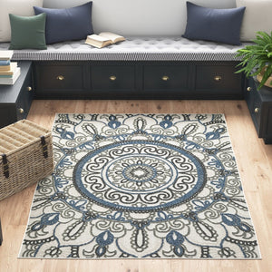 HomeRoots 5' Stylish Blue and Beige Geometric Area Rug - Stain Resistant, Versatile for Indoor/Outdoor Use 9'10" x 12'10" 507475
