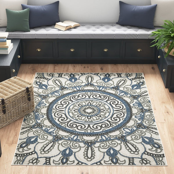 HomeRoots 5' Stylish Blue and Beige Geometric Area Rug - Stain Resistant, Versatile for Indoor/Outdoor Use 9'10" x 12'10" 507475