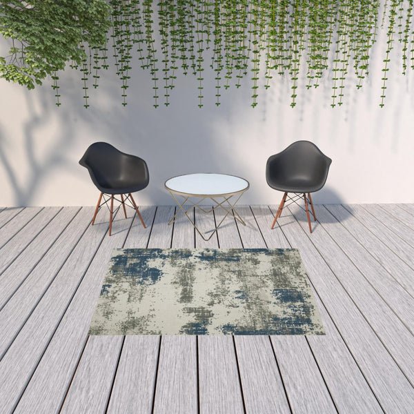 HomeRoots 5' Blue and Beige Abstract Indoor-Outdoor Area Rug - Stain Resistant, Durable, Easy to Clean Design 5'3" x 7'3" 507478