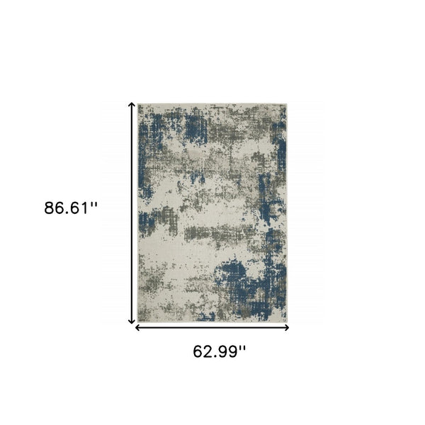 HomeRoots 5' Blue and Beige Abstract Indoor-Outdoor Area Rug - Stain Resistant, Durable, Easy to Clean Design 5'3" x 7'3" 507478
