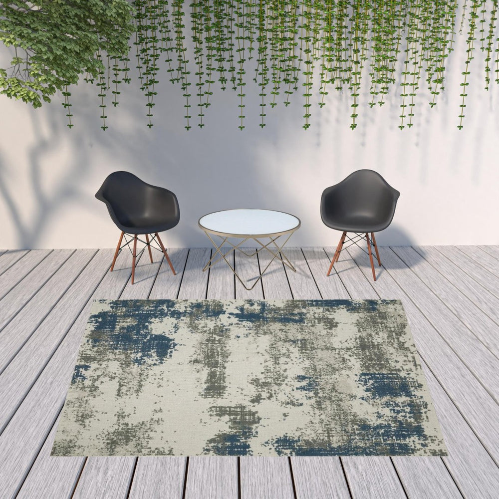 HomeRoots 5' Blue and Beige Abstract Indoor-Outdoor Area Rug - Stain Resistant, Durable, Easy to Clean Design 7'10" x 10' 507480