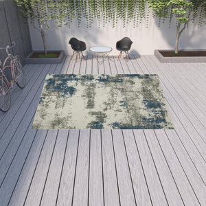 HomeRoots 5' Blue and Beige Abstract Indoor-Outdoor Area Rug - Stain Resistant, Durable, Easy to Clean Design 9'10" x 12'10" 507481