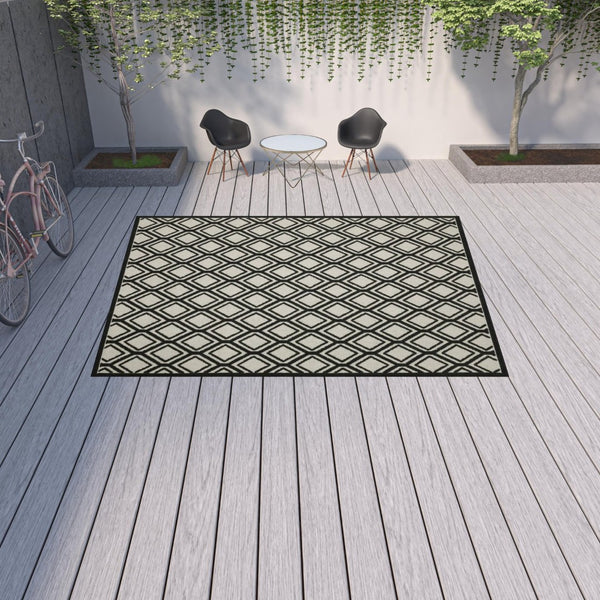 HomeRoots 5' Beige and Black Geometric Area Rug - Stain Resistant, Durable, Perfect for Indoor or Outdoor Use 9'10" x 12'10" 507487