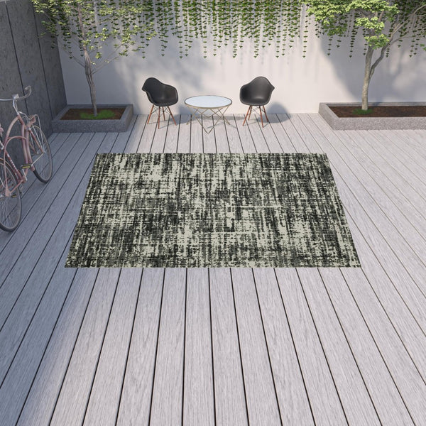 HomeRoots 5' X 7' Distressed Beige and Black Abstract Area Rug – Stain-Resistant for Indoor & Outdoor Use 9'10" x 12'10" 507499