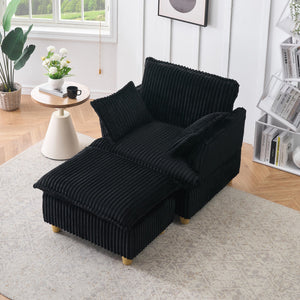 English Elm This single-seat corduroy sofa with ottoman and pillows — compact lounge chair for cozy reading nooks and naps Black W1658S00111