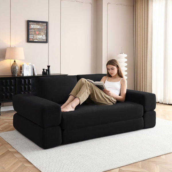 English Elm 81'' Corduroy Floor Sofa Convertible Loveseat Futon Sleeper with Foam Fill and Pillows Black W1117P459730