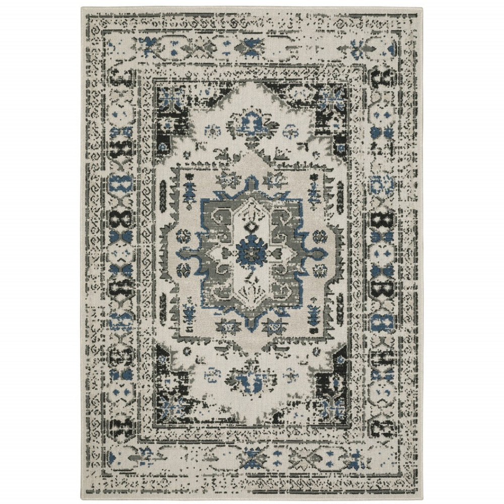 HomeRoots 5' X 7' Blue and Beige Oriental Area Rug - Stylish, Stain Resistant Design for Indoor and Outdoor Use 5'3" x 7'3" 507502