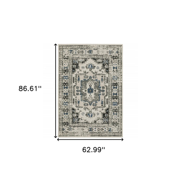 HomeRoots 5' X 7' Blue and Beige Oriental Area Rug - Stylish, Stain Resistant Design for Indoor and Outdoor Use 5'3" x 7'3" 507502