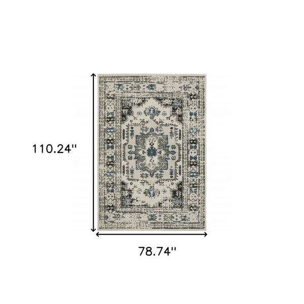 HomeRoots 5' X 7' Blue and Beige Oriental Area Rug - Stylish, Stain Resistant Design for Indoor and Outdoor Use 6'7" x 9'2" 507503