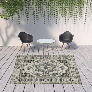 HomeRoots 5' X 7' Blue and Beige Oriental Area Rug - Stylish, Stain Resistant Design for Indoor and Outdoor Use 7'10" x 10' 507504
