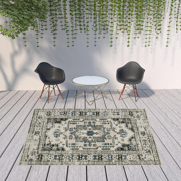 HomeRoots 5' X 7' Blue and Beige Oriental Area Rug - Stylish, Stain Resistant Design for Indoor and Outdoor Use 7'10" x 10' 507504