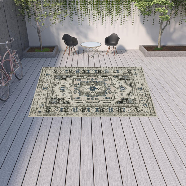HomeRoots 5' X 7' Blue and Beige Oriental Area Rug - Stylish, Stain Resistant Design for Indoor and Outdoor Use 9'10" x 12'10" 507505