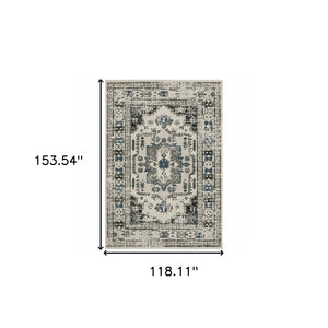 HomeRoots 5' X 7' Blue and Beige Oriental Area Rug - Stylish, Stain Resistant Design for Indoor and Outdoor Use 9'10" x 12'10" 507505