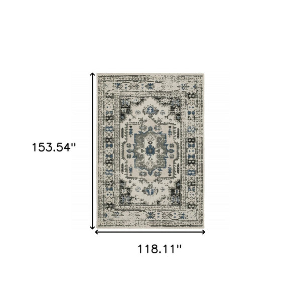 HomeRoots 5' X 7' Blue and Beige Oriental Area Rug - Stylish, Stain Resistant Design for Indoor and Outdoor Use 9'10" x 12'10" 507505