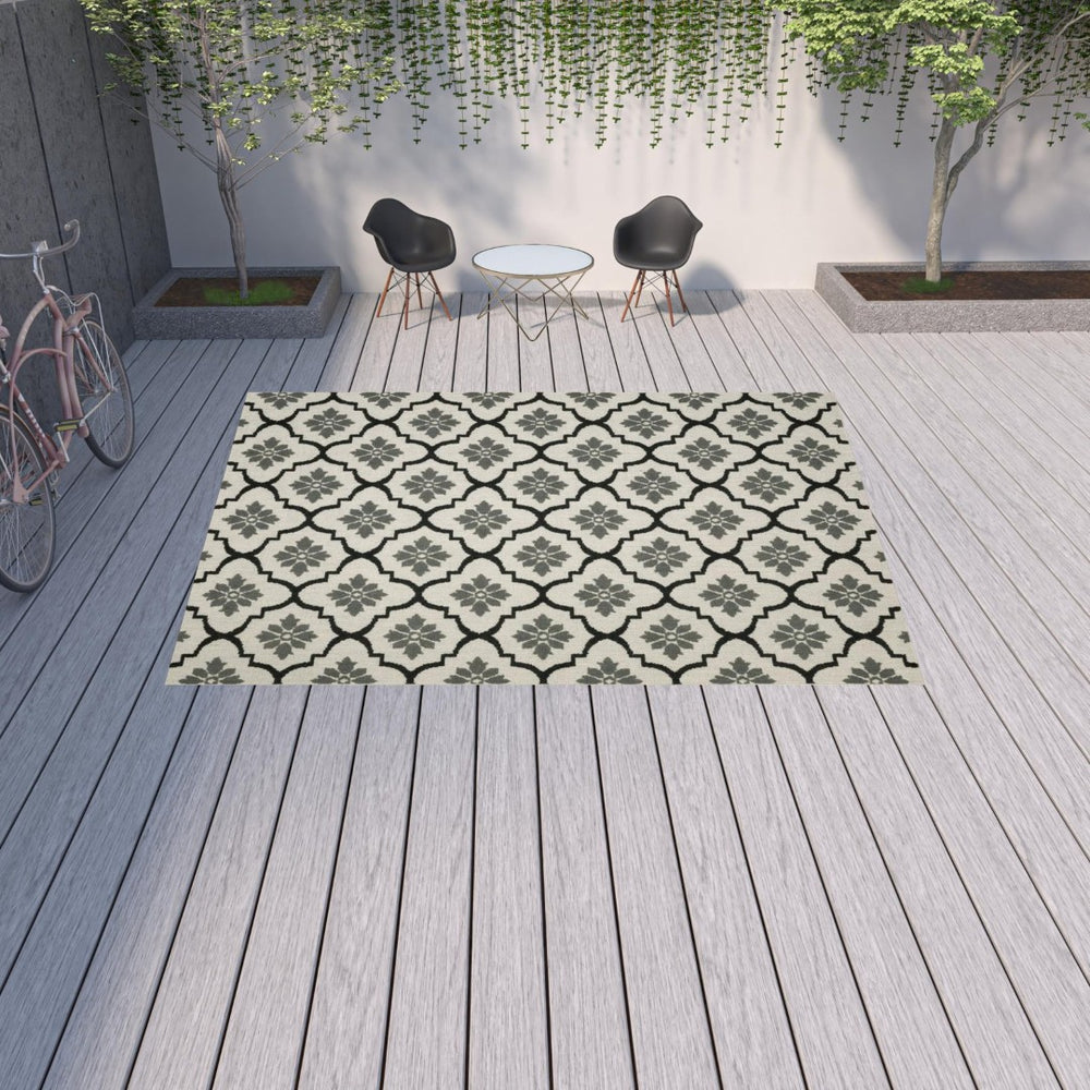 HomeRoots 5' X 7' Beige and Black Geometric Area Rug – Stylish, Stain-Resistant Design for Indoor & Outdoor Spaces 9'10" x 12'10" 507511