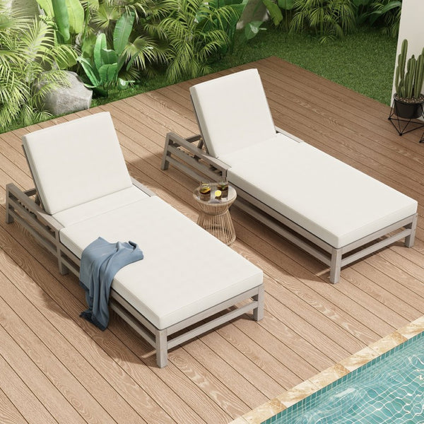 English Elm Trexm Solid Acacia Wood Outdoor Reclining Lounge Chair Set of 2 with Cushions Gray TM000033AAE