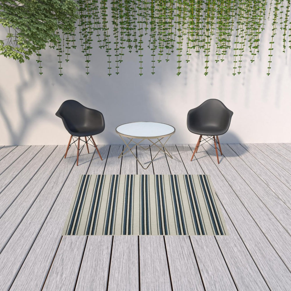 HomeRoots 5' Blue and Beige Geometric Indoor-Outdoor Area Rug – Durable, Stain-Resistant, Easy-Care Design 5'3" x 7'3" 507520