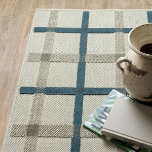 HomeRoots 5' Blue and Beige Geometric Area Rug - Stain Resistant, Versatile for Indoor and Outdoor Spaces 7'10" x 10' 507528