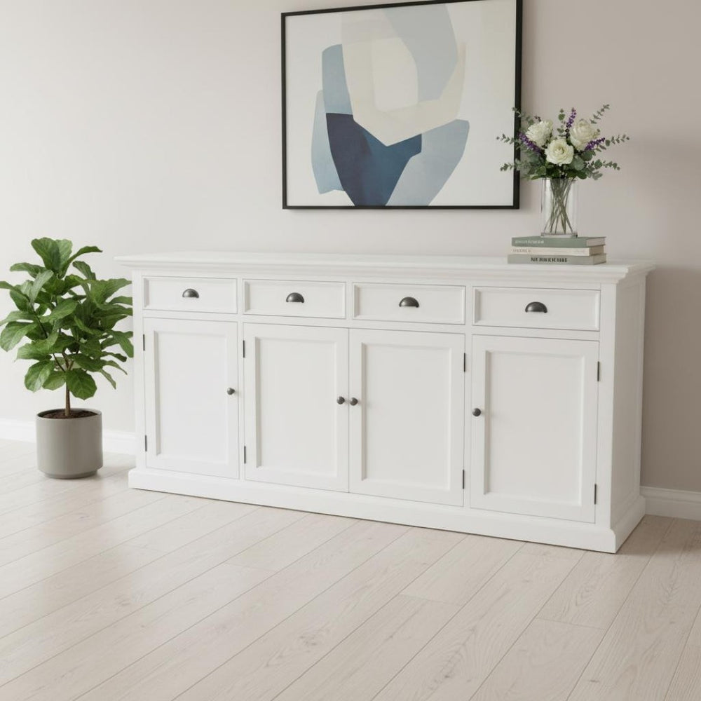 HomeRoots 82" Elegant White Solid Wood Buffet Table with Modern Black Hardware - Stylish Storage Solution! 507530
