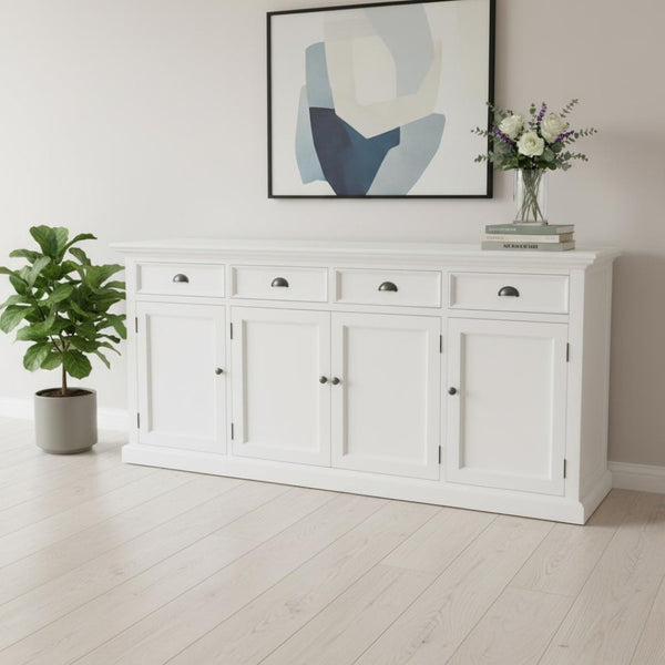 HomeRoots 82" Elegant White Solid Wood Buffet Table with Modern Black Hardware - Stylish Storage Solution! 507530
