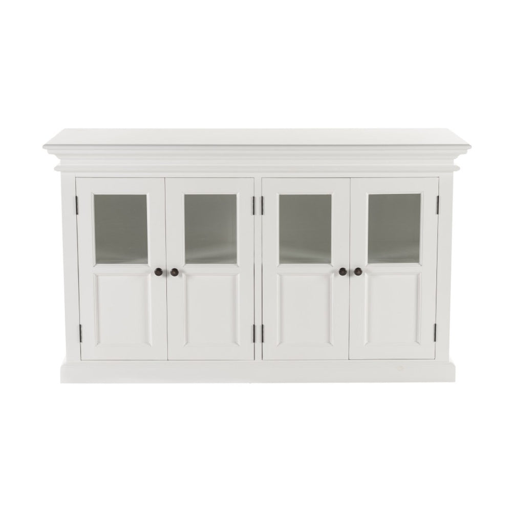 HomeRoots 60" Elegant White Solid Wood Buffet Table with Glass Doors, Adjustable Shelves & Modern Accents 507532