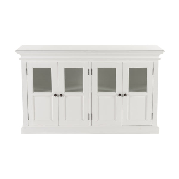 HomeRoots 60" Elegant White Solid Wood Buffet Table with Glass Doors, Adjustable Shelves & Modern Accents 507532
