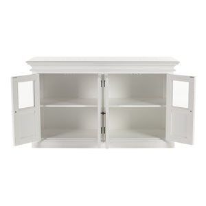 HomeRoots 60" Elegant White Solid Wood Buffet Table with Glass Doors, Adjustable Shelves & Modern Accents 507532