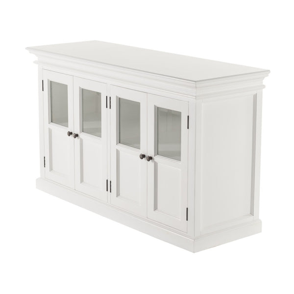 HomeRoots 60" Elegant White Solid Wood Buffet Table with Glass Doors, Adjustable Shelves & Modern Accents 507532
