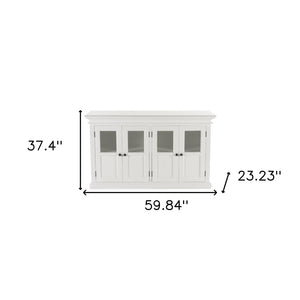 HomeRoots 60" Elegant White Solid Wood Buffet Table with Glass Doors, Adjustable Shelves & Modern Accents 507532