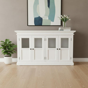 HomeRoots 60" Elegant White Solid Wood Buffet Table with Glass Doors, Adjustable Shelves & Modern Accents 507532