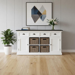 HomeRoots 66" Solid Wood Buffet Table with Four Drawers & Two Doors - Elegant Two-Tone Storage Solution 507537