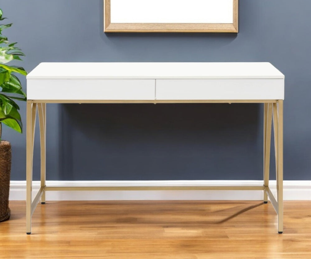HomeRoots 50" Elegant White and Gold Vanity Table with Storage Drawers - Chic, Versatile Design for Any Room 507546