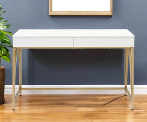 HomeRoots 50" Elegant White and Gold Vanity Table with Storage Drawers - Chic, Versatile Design for Any Room 507546