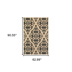 HomeRoots 5' X 8' Beige and Black Medallion Area Rug - Stain Resistant for Indoor and Outdoor High-Traffic Spaces 5'3" x 7'6" 507556